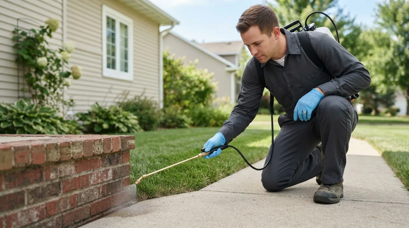 Pest control technician treating a home near Blanchard, OK