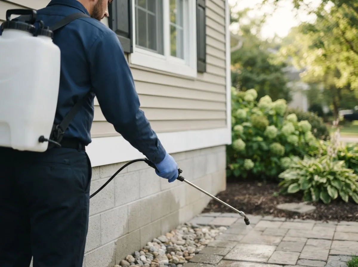 Pest control technician inspecting a home in Blanchard, OK